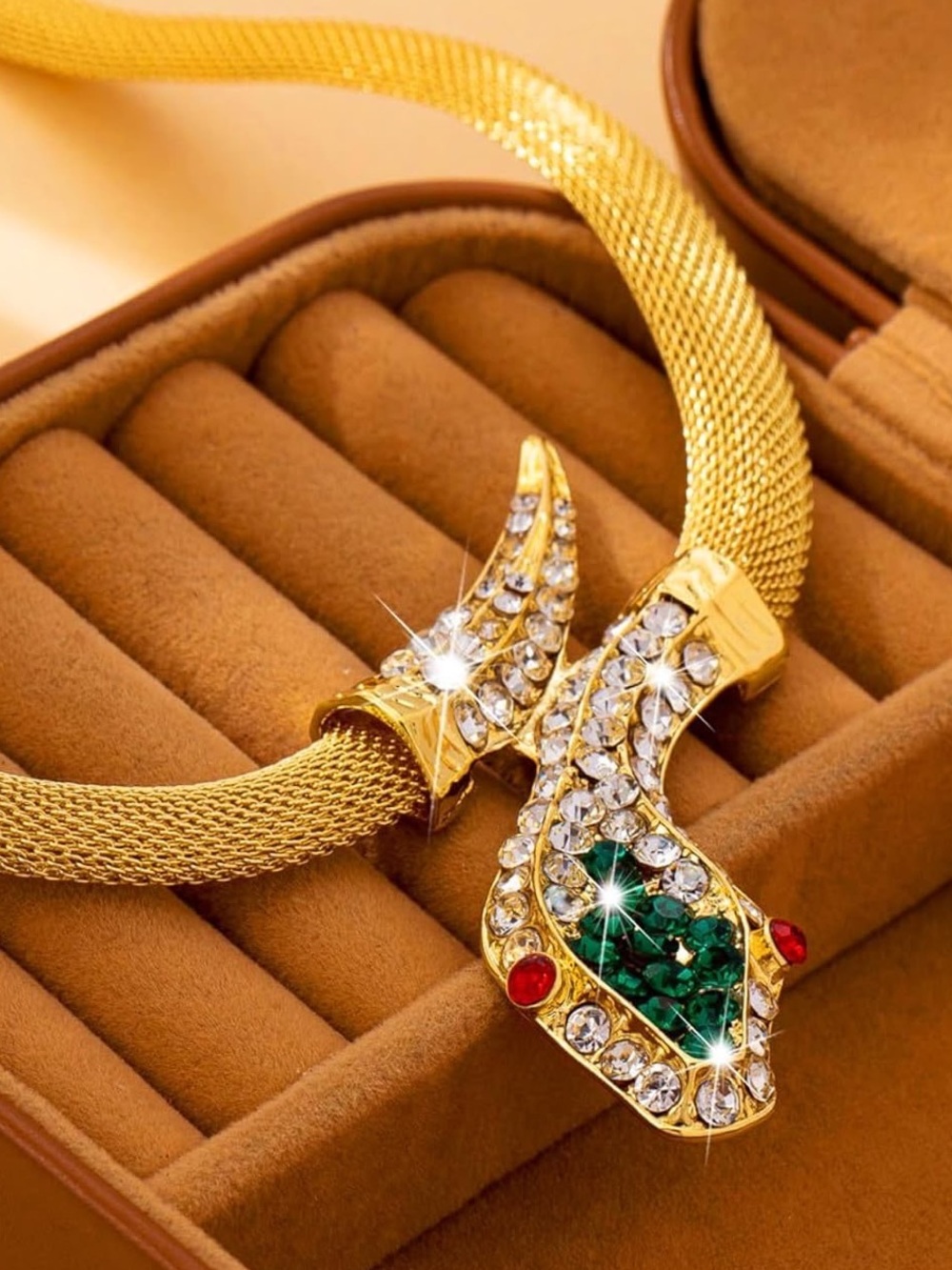 Anthropologie Gold-Tone Snake Necklace with Green & Red Accents - Picture 6 of 8